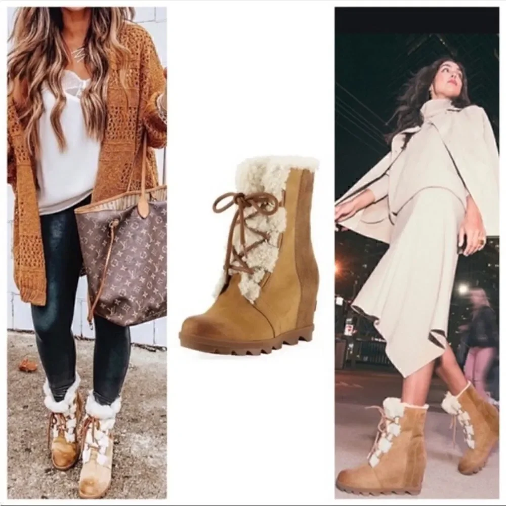 Joan of Arctic Wedge in Camel Brown in size 9.5 Shearling